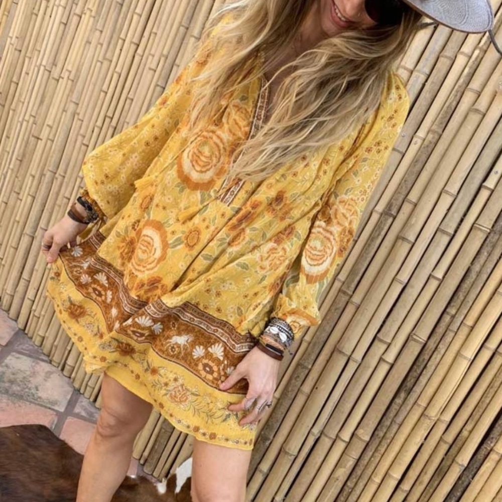 Boho mustard floral v neck sunflower midi dress
